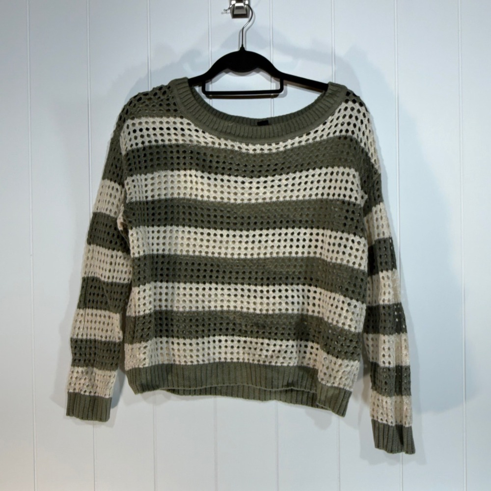 RDI Womens Olive Green Cream Striped Open Knit Mesh Sweater XS Pullover Layering